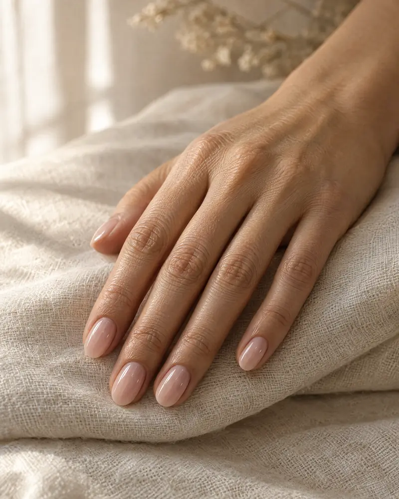 A relaxed hand resting on cream linen with a freshly finished blush manicure