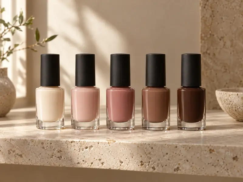 Five polish bottles on a travertine shelf, graduating from ivory through blush and mocha to espresso