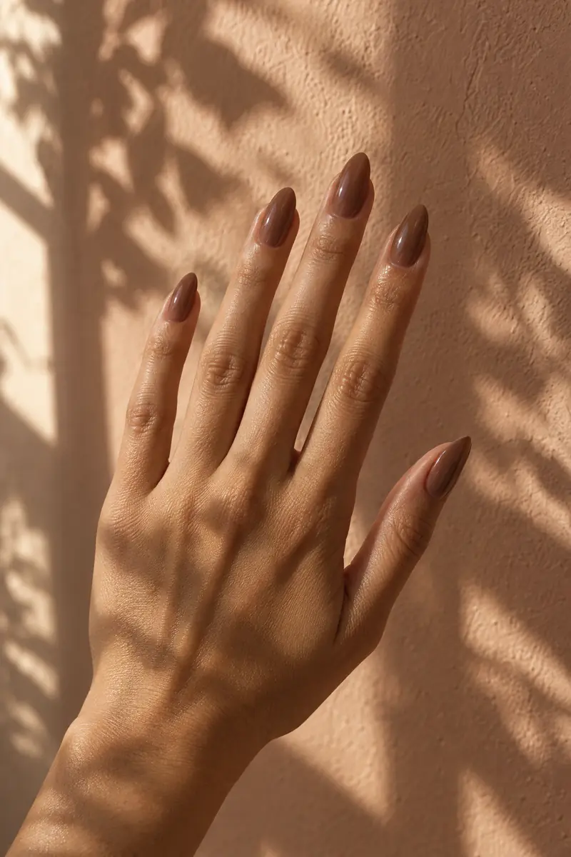 A hand with sheer mocha almond nails against a warm peach wall with leaf shadows