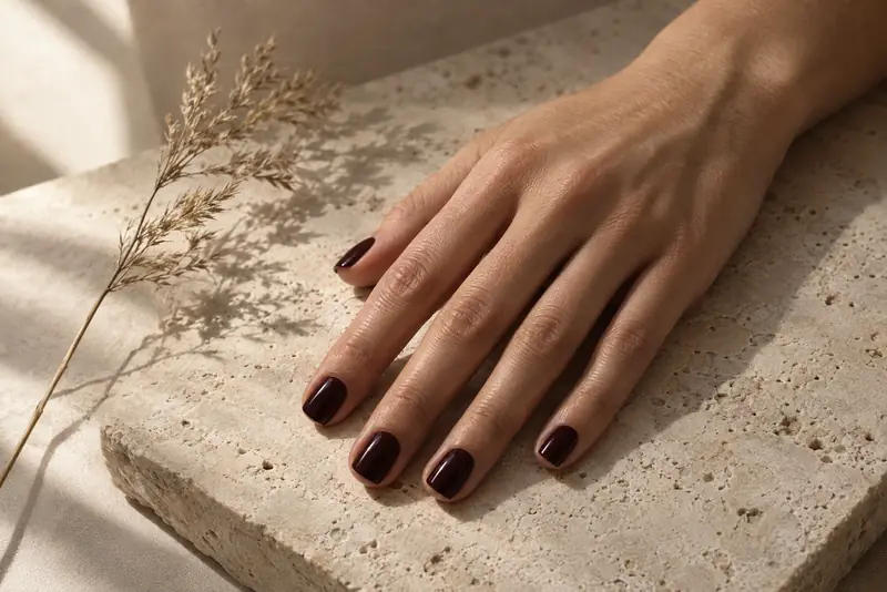 Short square nails in a deep glossy oxblood gel resting on a pale travertine slab