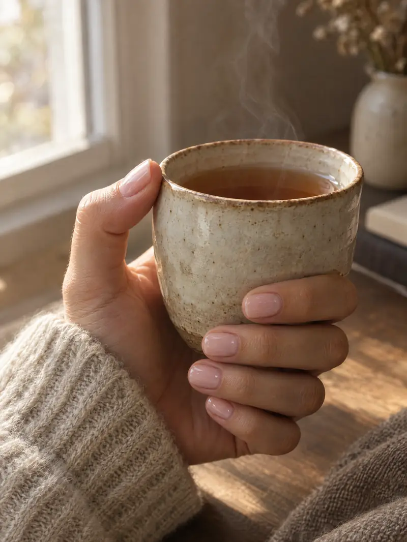 A hand with milky blush nails holding a small ceramic cup of tea